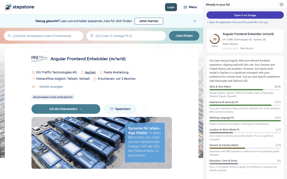 The Zusaga Chrome extension side panel active on StepStone: a 70 match score against your resume, 4-star interest rating, 1-click save to board, and application form autofill.