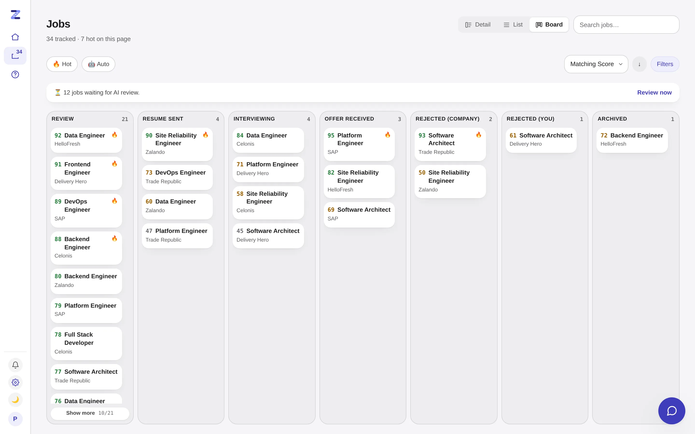 The Jobs board with scored jobs in columns by status: Review, Resume sent, Interviewing, Offer received, Rejected (company), Rejected (you) and Archived.