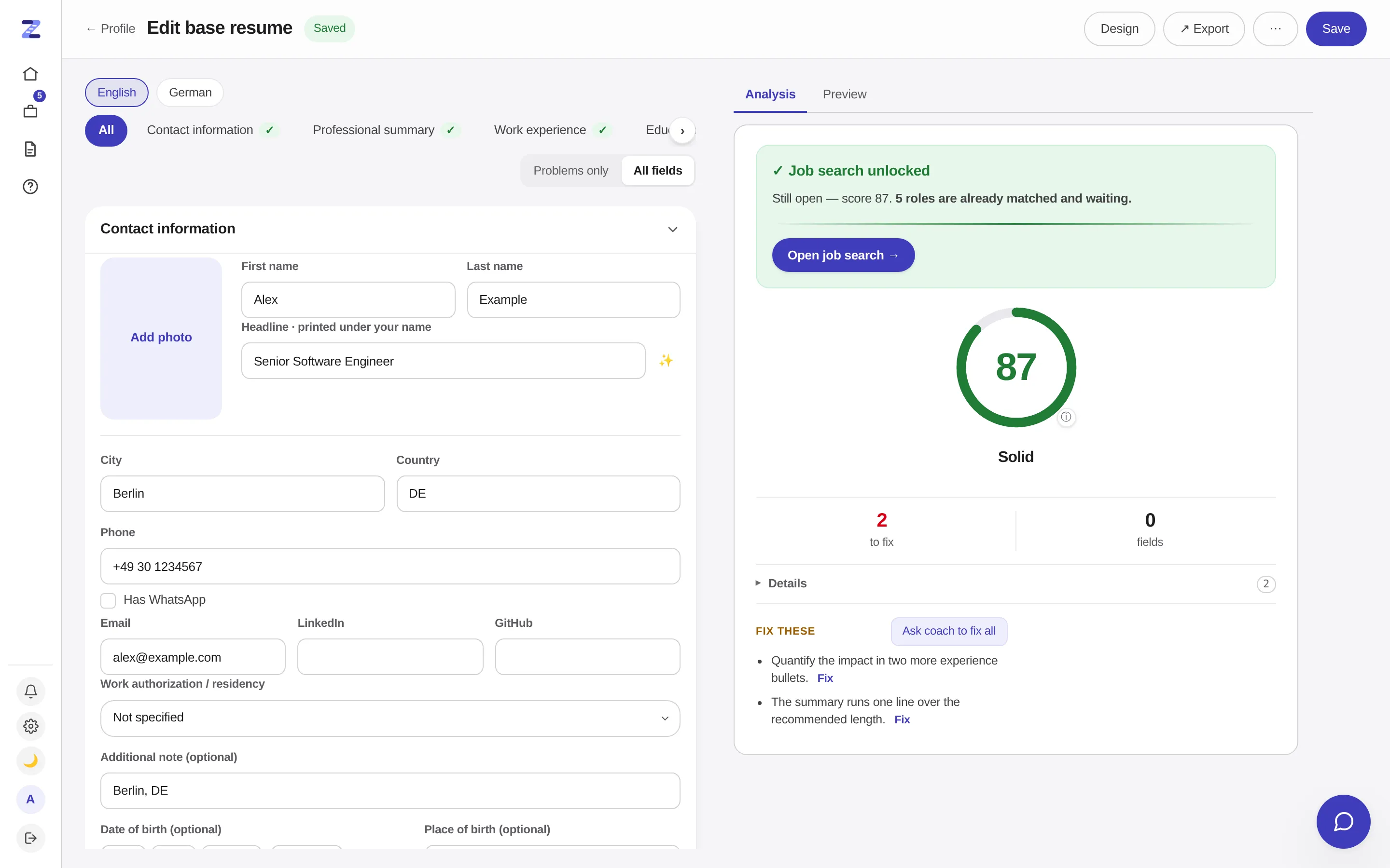The resume editor with contact details for Sara Martin and the analysis on the right: a score of 92, marked Solid, and job search unlocked with 18 roles waiting.